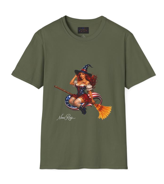 military green shirt featuring patriotic witch broom artwork
