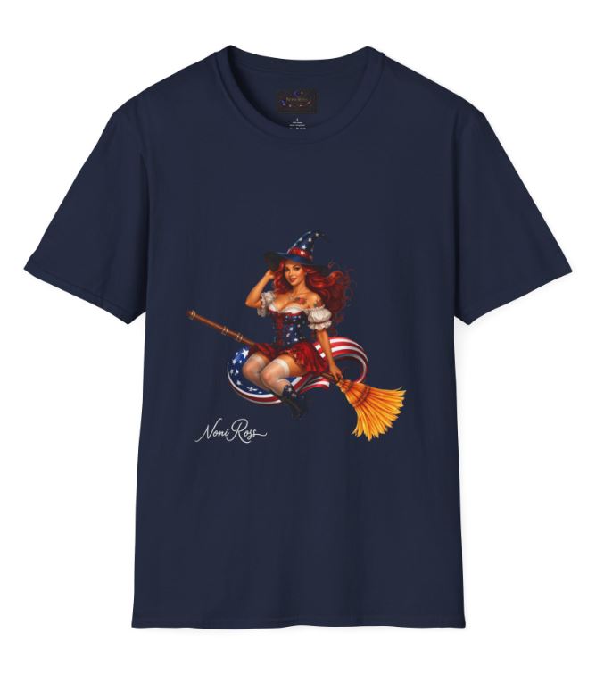 navy shirt featuring patriotic witch riding broom stars and stripes design