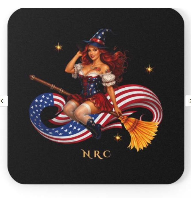 Square cork coaster with patriotic witch artwork featuring red haired witch and starry background