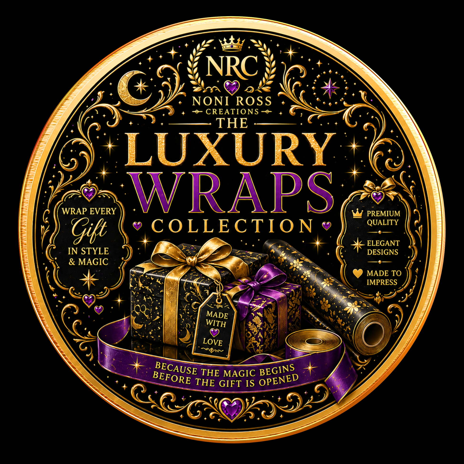 Noni Ross Creations Luxury Wraps Collection badge featuring elegant gift wrapping designs with gold accents and premium presentation style