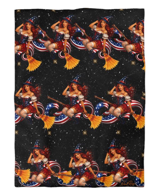 Patriotic pinup witch Twin XL duvet cover on bed with black background and red white blue vintage Americana design