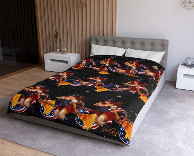 black duvet cover with patriotic witch artwork pattern styled on twin xl bed with pillows