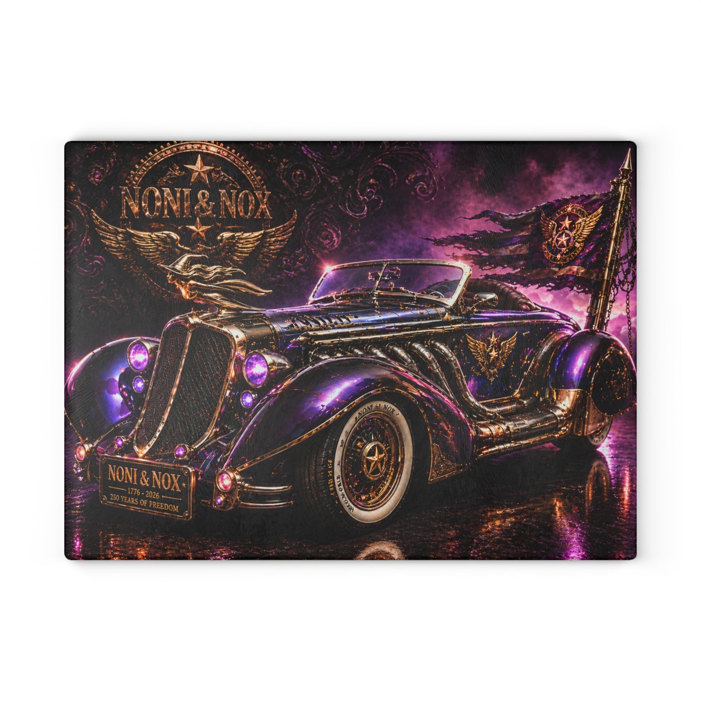 Noni & Nox violet speedster glass cutting board featuring steampunk patriotic car artwork on tempered glass surface