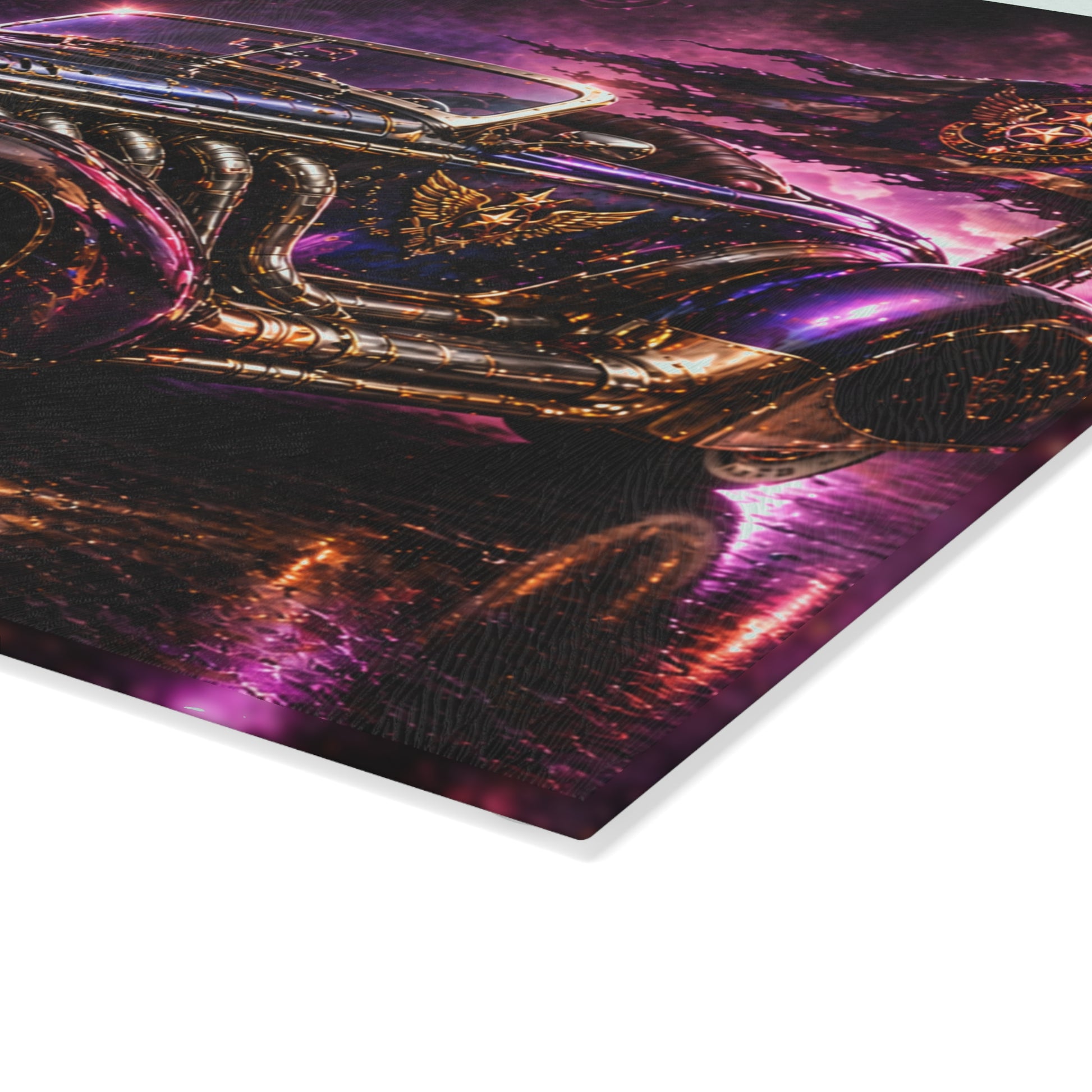 Glass cutting board displayed on modern kitchen counter with vibrant violet steampunk car design
