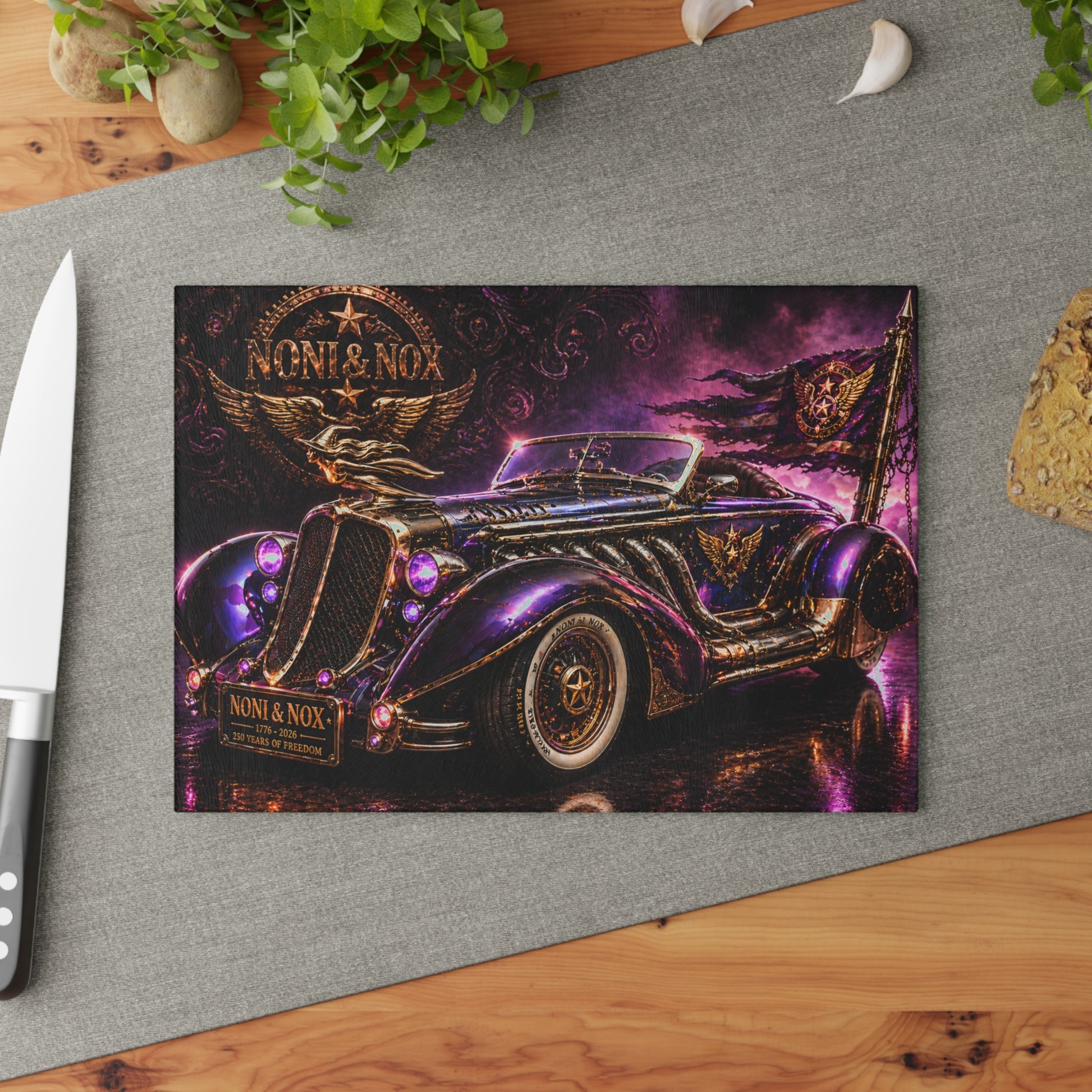 Decorative glass cutting board used as kitchen art featuring Noni & Nox speedster theme