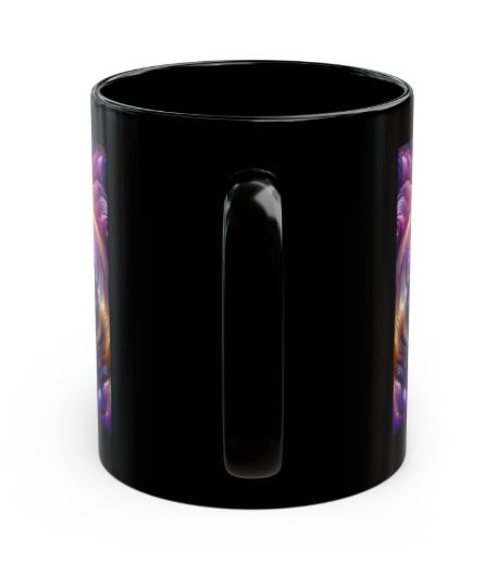 black mug back view with handle showing continuation of Violet Nebula Resonance cosmic swirl pattern