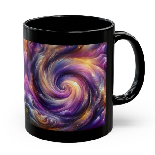 black 11oz ceramic mug featuring Violet Nebula Resonance swirl design with violet indigo and gold tones by Noni Ross Creations