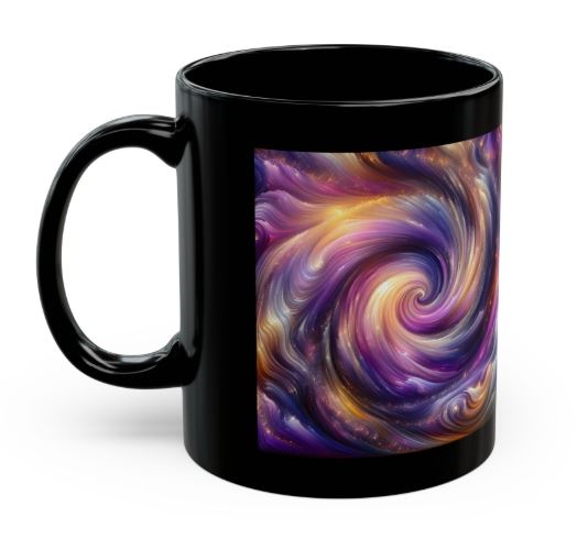 left side view of black mug showing Violet Nebula Resonance abstract spiral artwork with violet and gold highlights