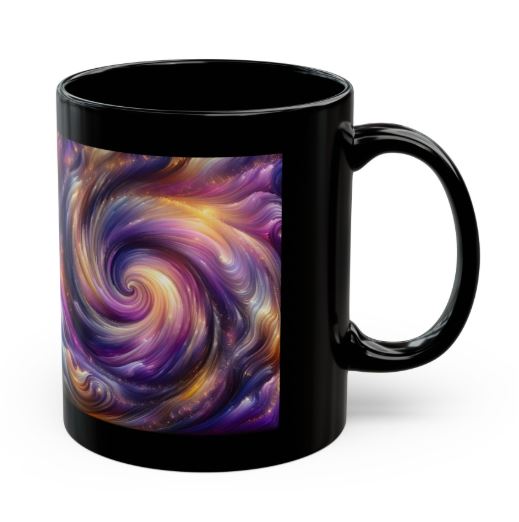 right side view of black mug featuring Violet Nebula Resonance swirling cosmic design with soft purple tones