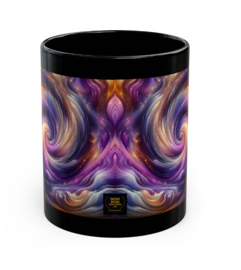 black ceramic mug side view without handle displaying seamless Violet Nebula Resonance swirl artwork