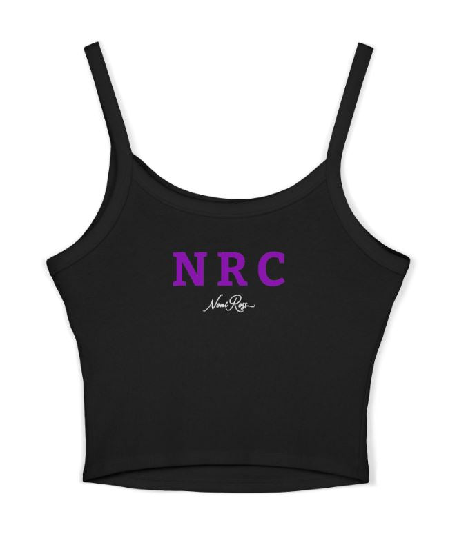 Black fitted spaghetti strap tank top with NRC logo in purple on upper back