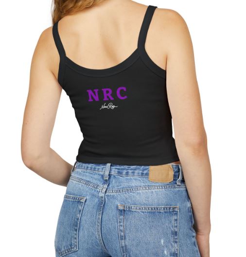 Back view of fitted black crop tank with NRC logo in purple centered on upper back