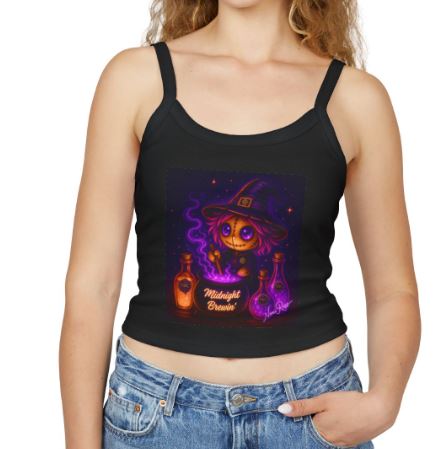 Woman wearing fitted witch tank top with glowing purple voodoo doll cauldron design