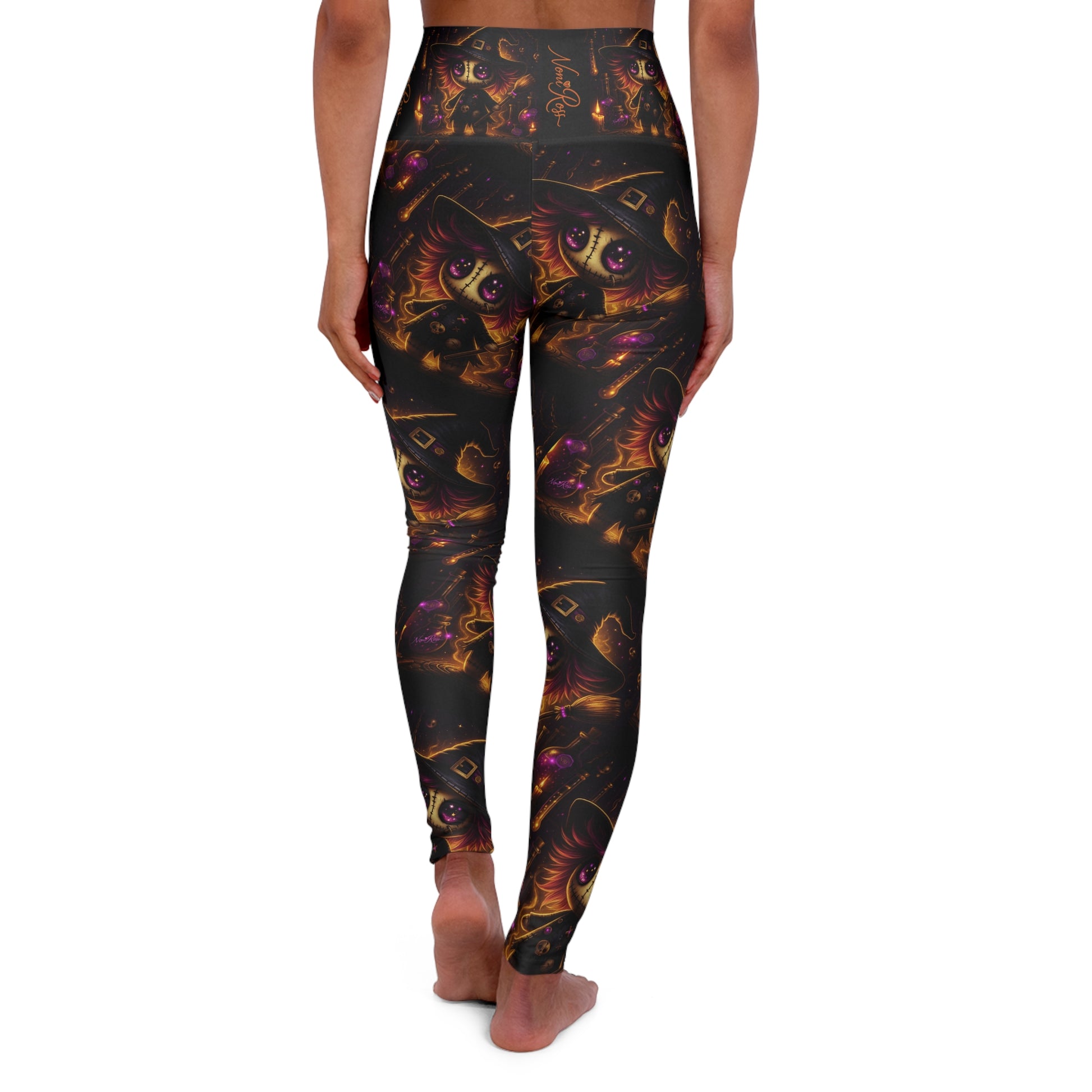 Back view of witchy leggings with mystical voodoo doll design and dark gothic color palette