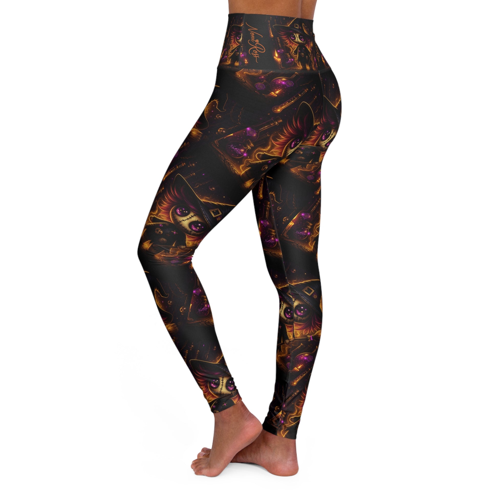 Left side view of yoga leggings with enchanted voodoo witch design and glowing details