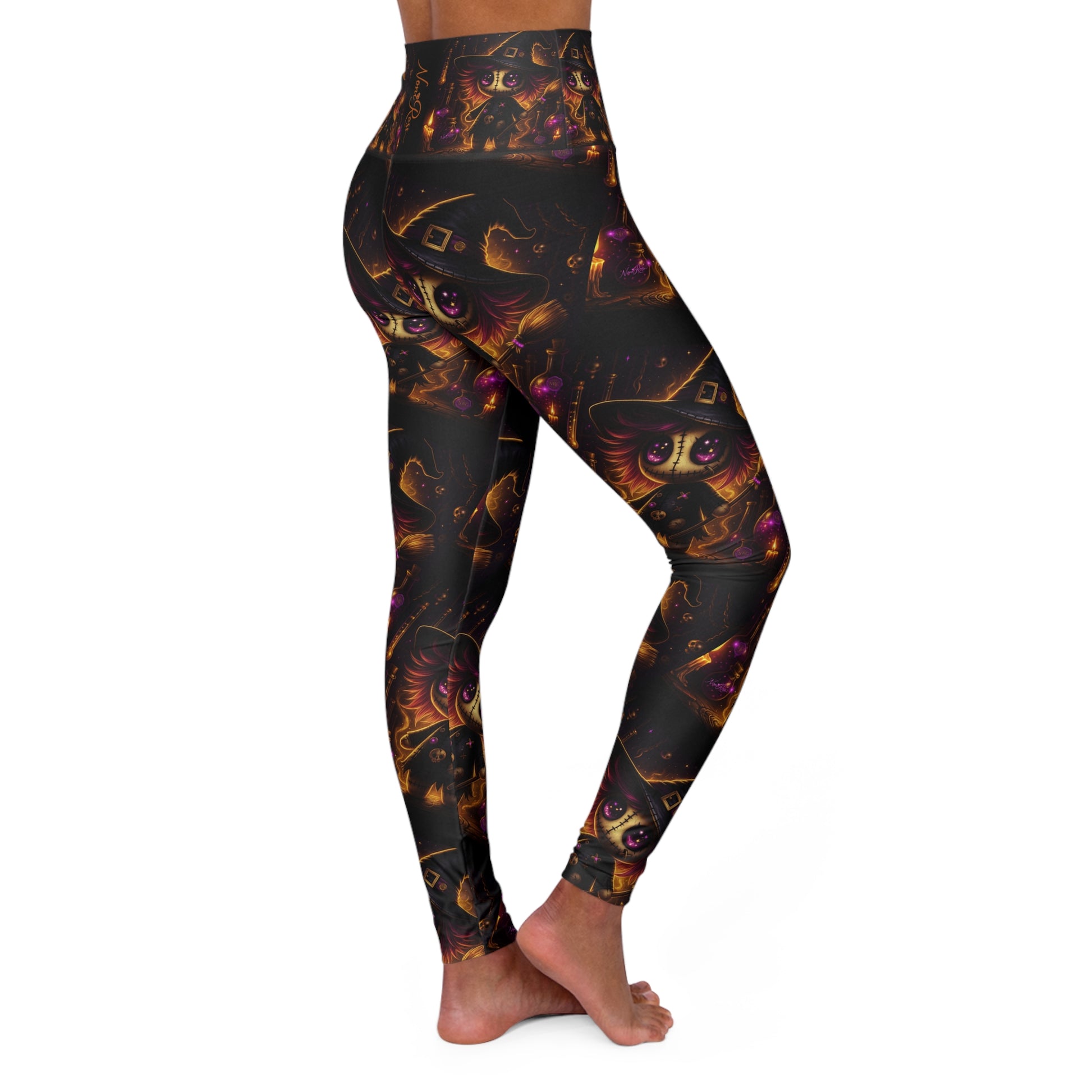 Right side view of high-waist leggings with mystical purple and gold witch artwork