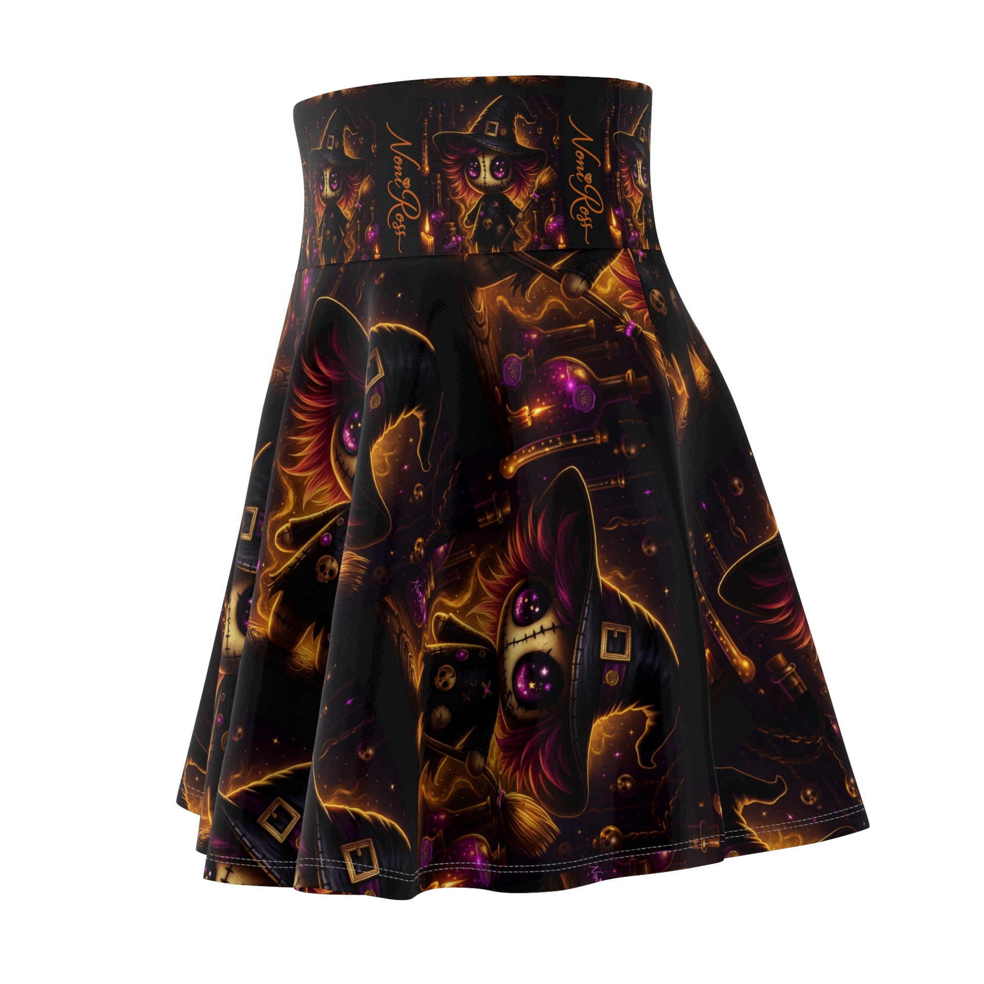 Back view of gothic skater skirt with repeating voodoo witch doll design and gold glow accents