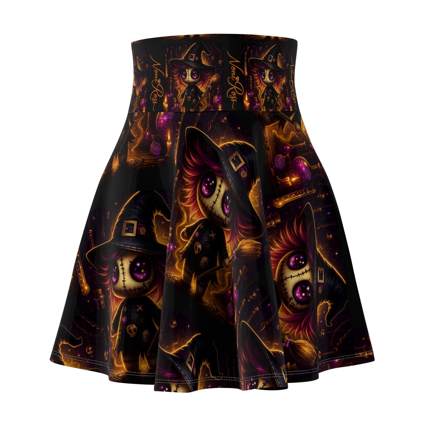 Black skater skirt with glowing voodoo witch doll and candlelit potion artwork