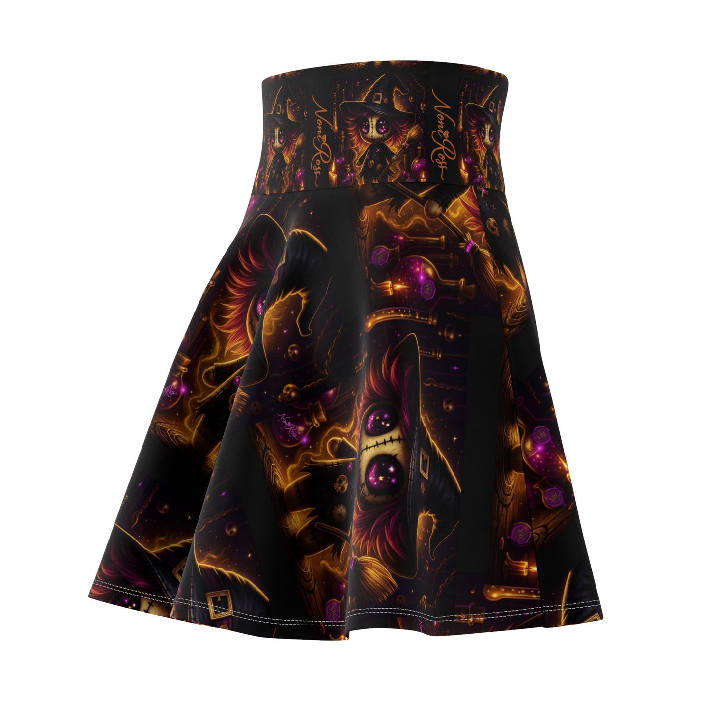 Back view of person wearing gothic skater skirt with mystical voodoo doll artwork