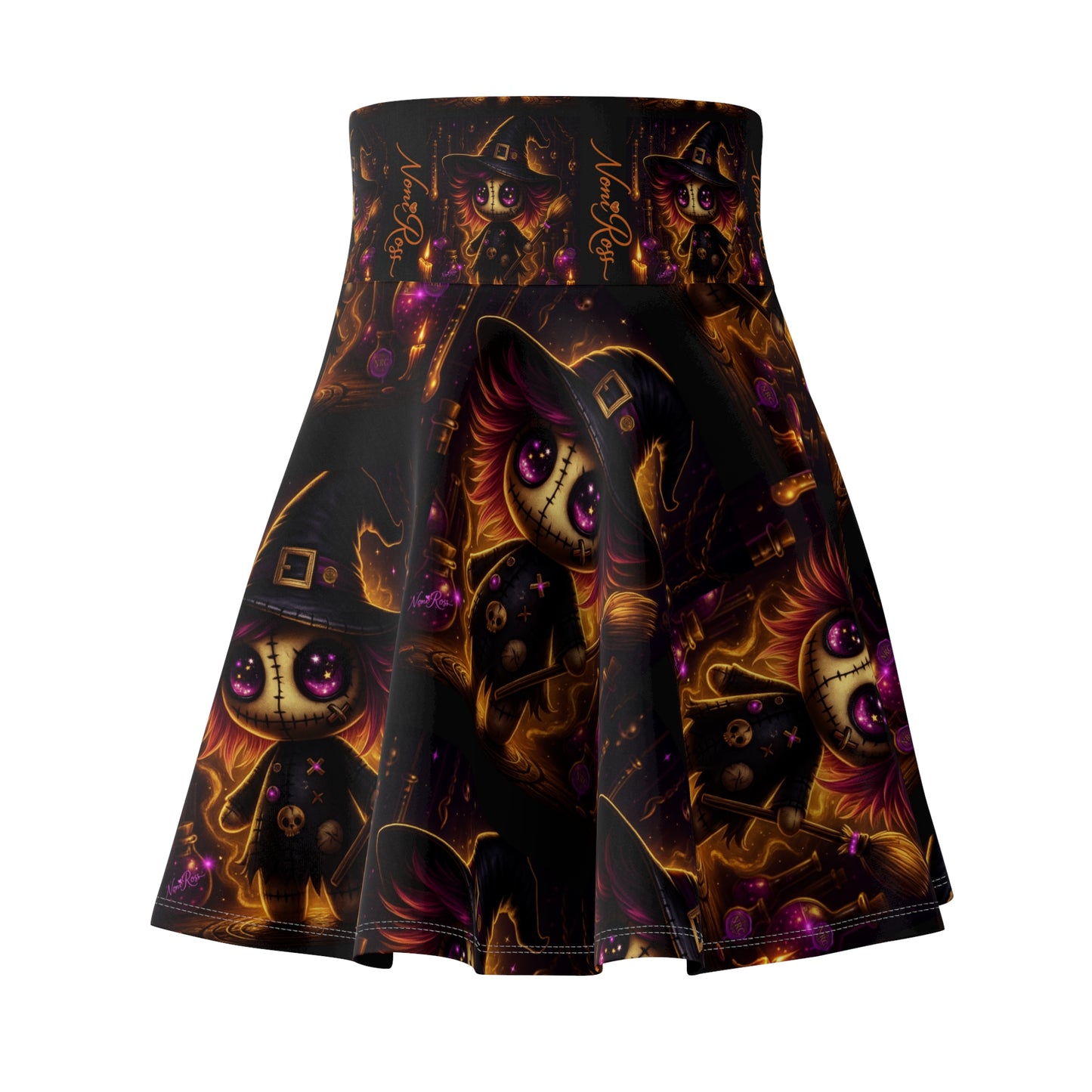 Side view of flowing skater skirt with magical voodoo witch character and glowing details