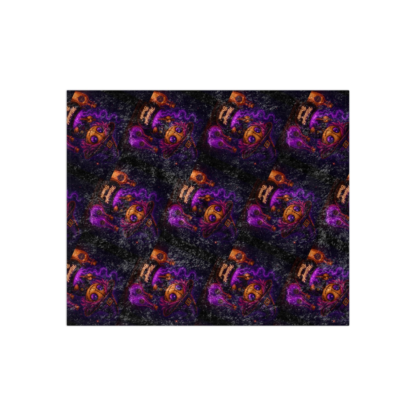 Cozy velvet witch blanket featuring glowing voodoo doll character draped across modern living room sofa
