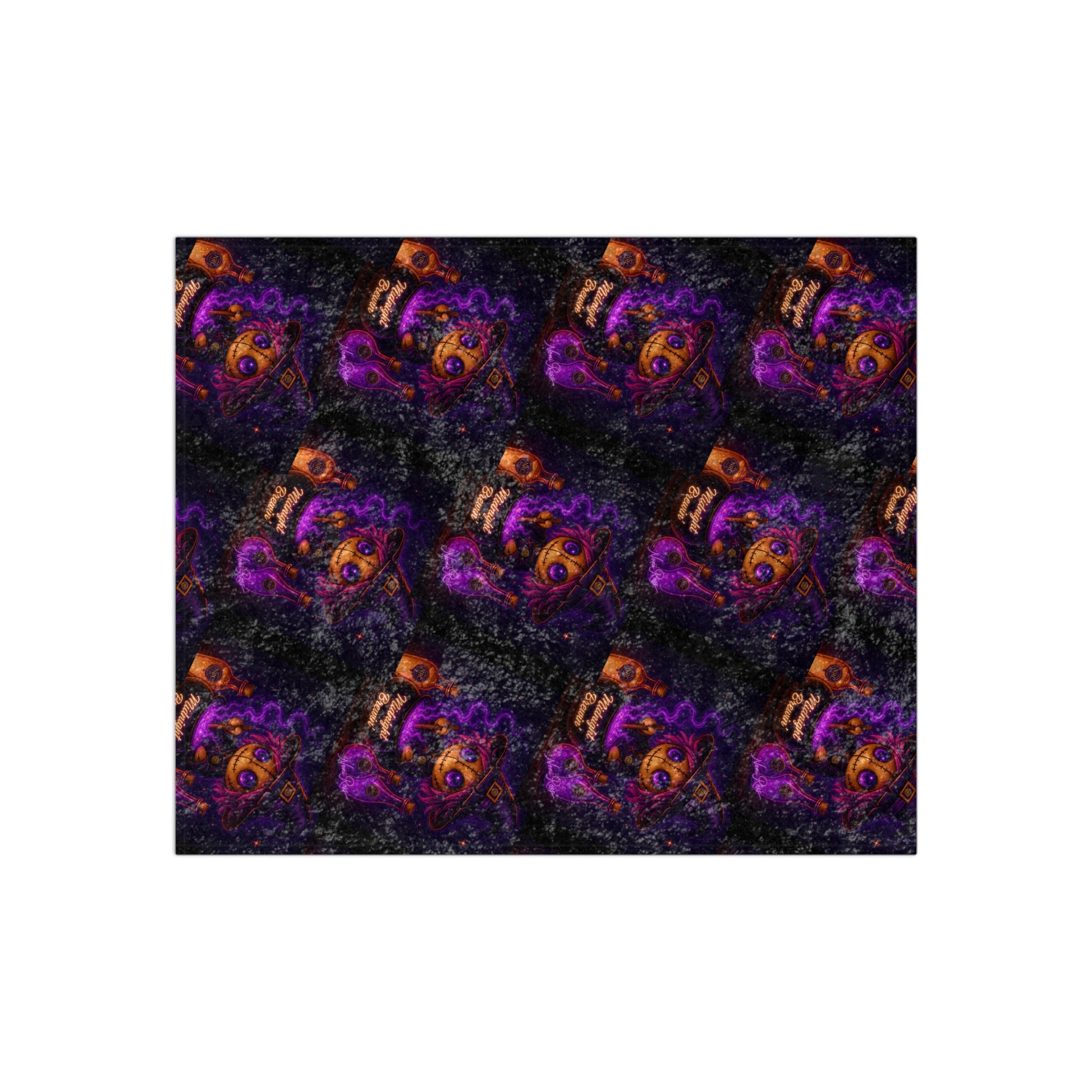 Cozy velvet witch blanket featuring glowing voodoo doll character draped across modern living room sofa