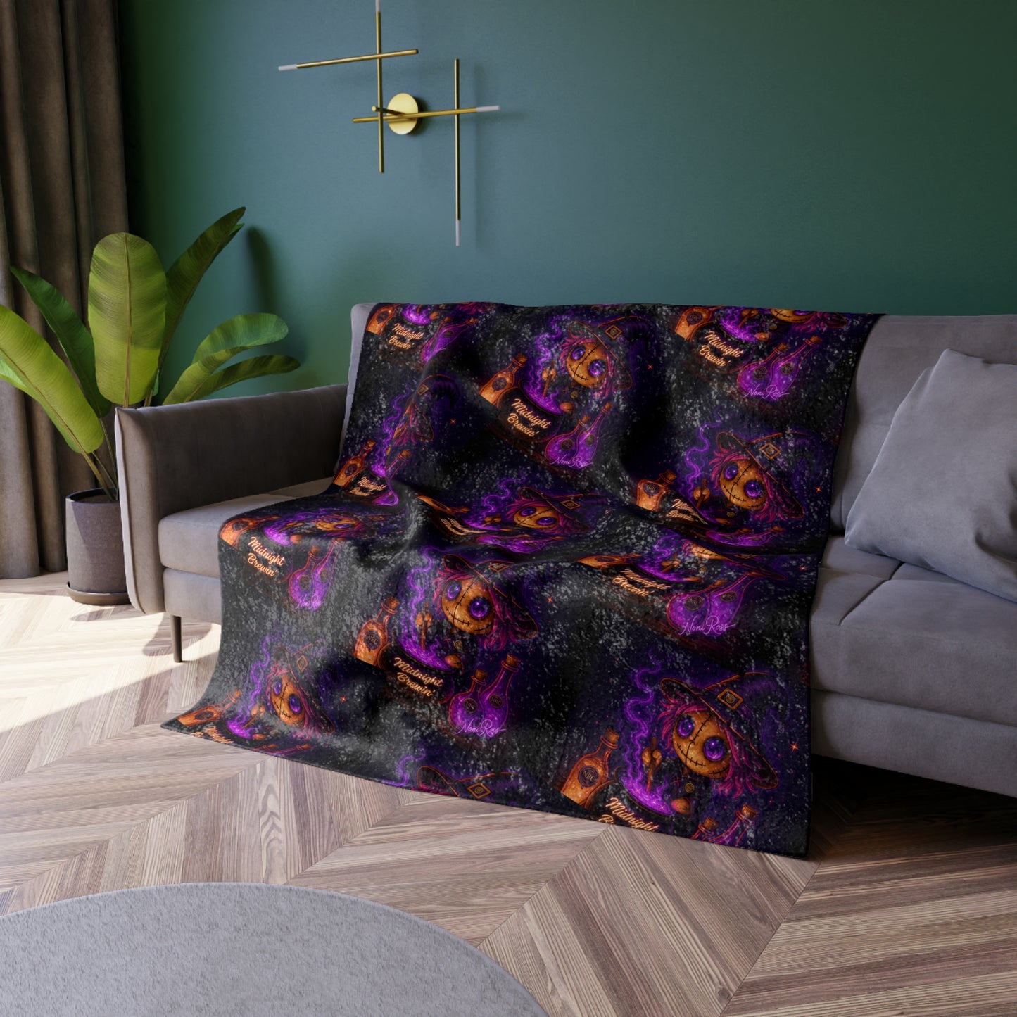 Luxury crushed velvet throw with mystical purple and black witch design styled for cozy home décor