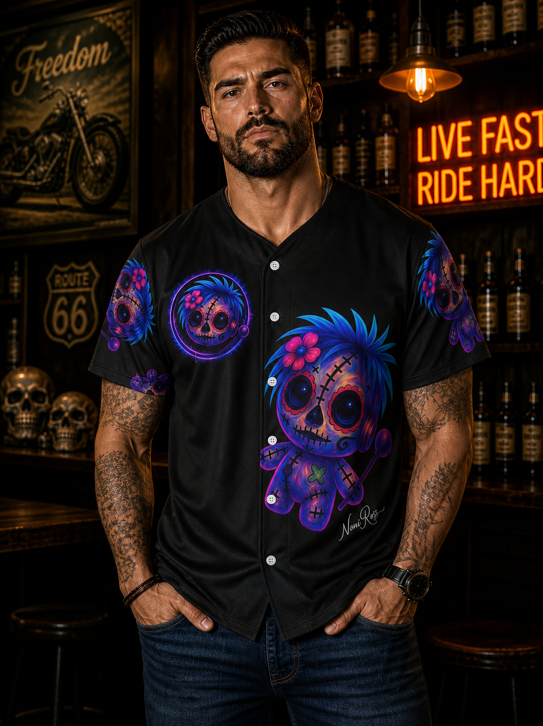 Male model wearing Voodoo Vixen neon jersey shirt front view in bar setting with bold graphic detail