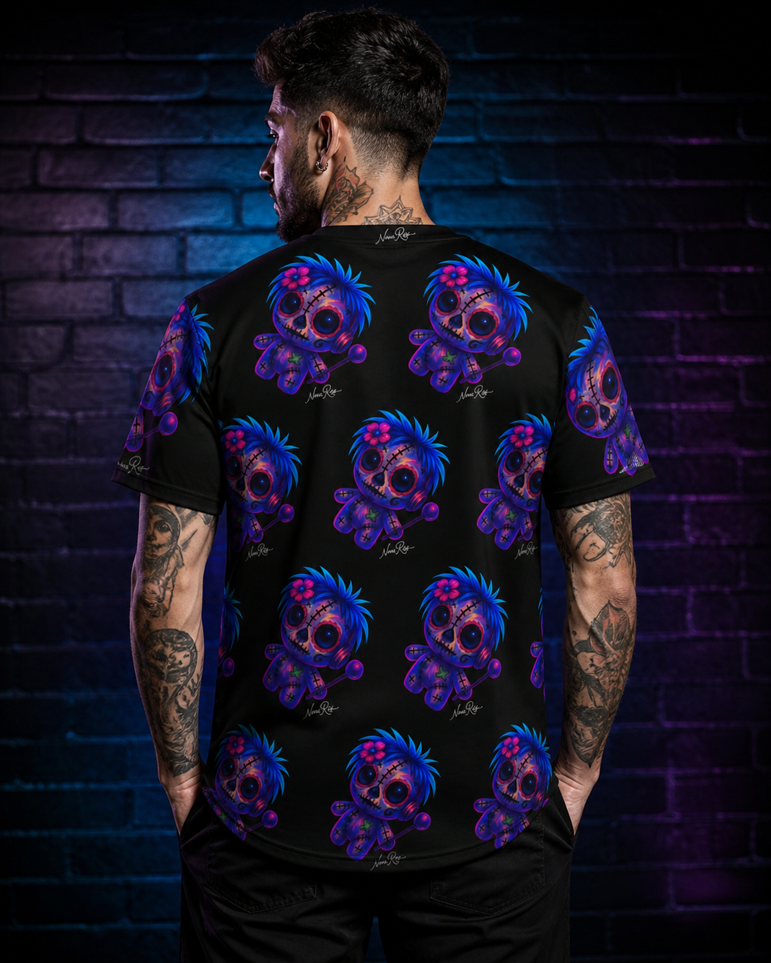 Male model wearing Voodoo Vixen jersey shirt back view showing full repeating pattern design