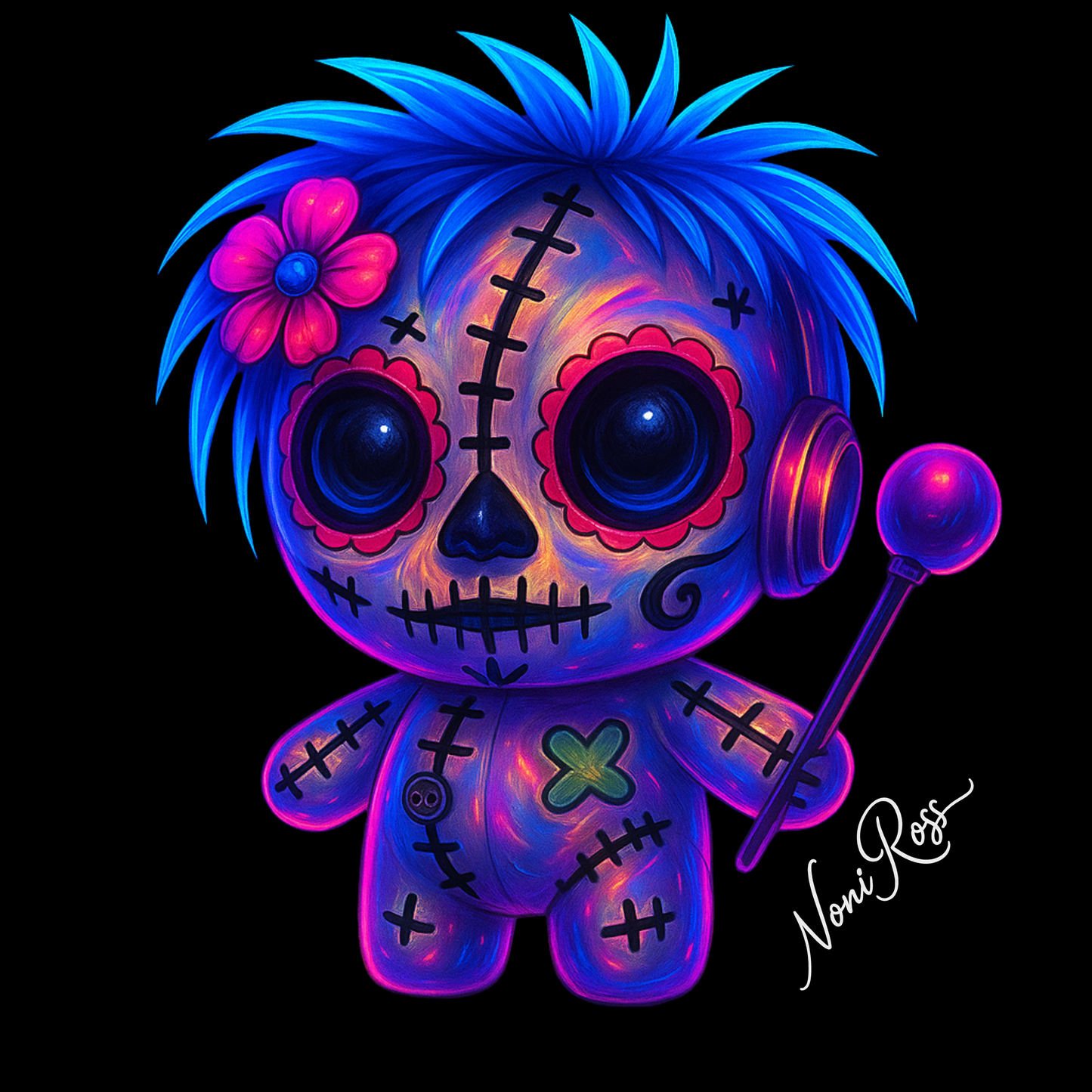 Voodoo Vixen neon doll jersey shirt front view with glowing purple and blue graphic design on black fabric