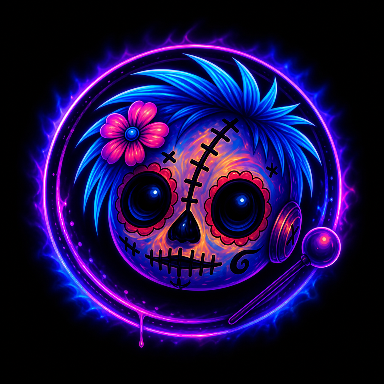 Close-up of Voodoo Vixen doll face with neon glow eyes and vibrant purple blue detailing