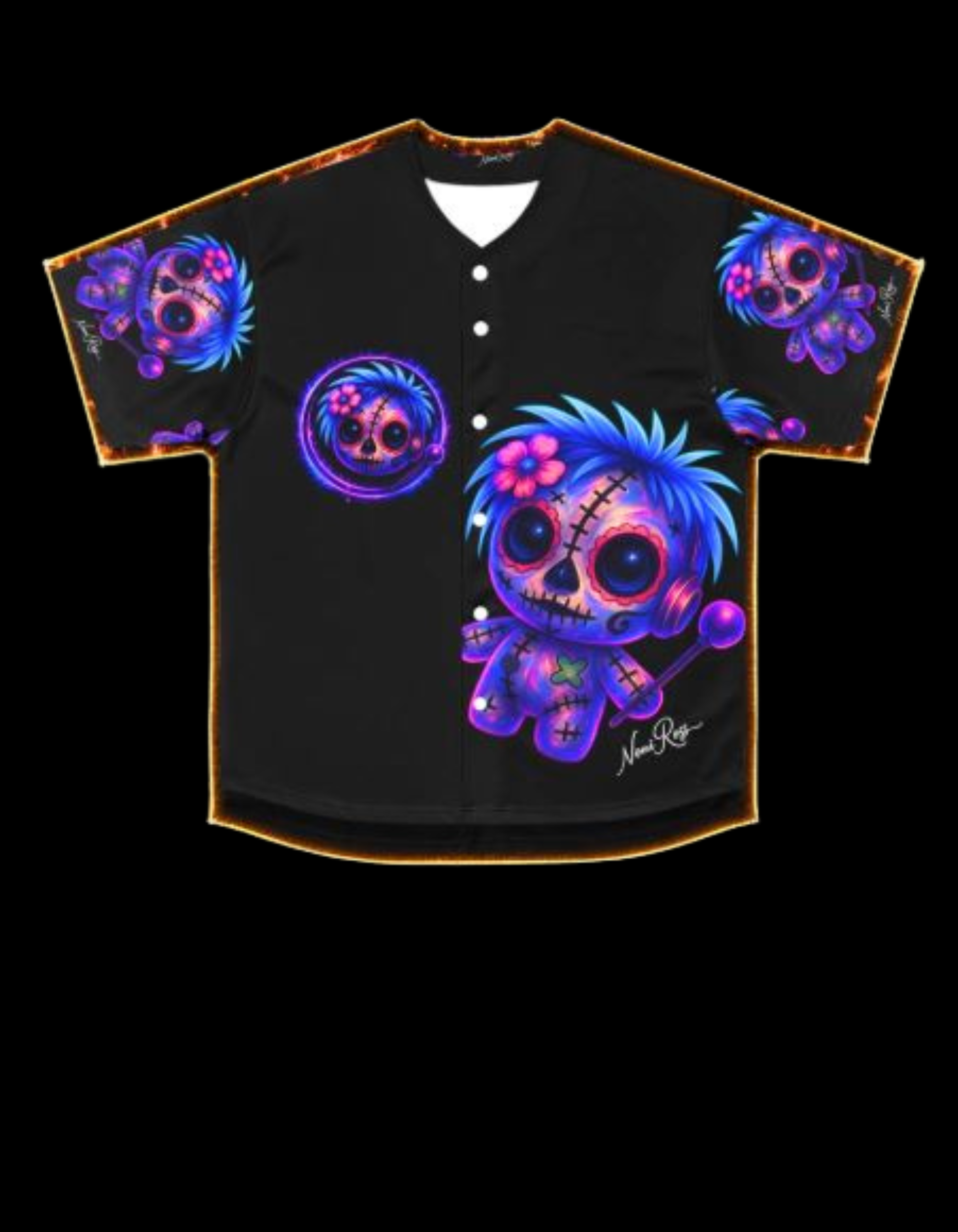 Flat lay of Voodoo Vixen jersey shirt front with enhanced glow effect highlighting neon doll design