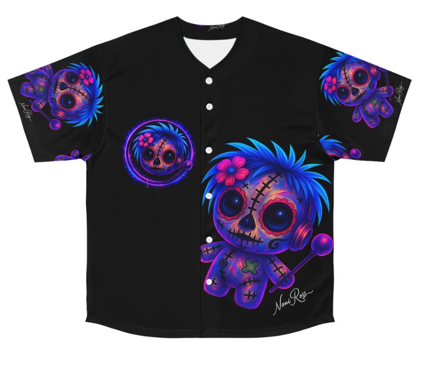 Flat lay of Voodoo Vixen jersey shirt front showing large neon doll graphic and chest emblem