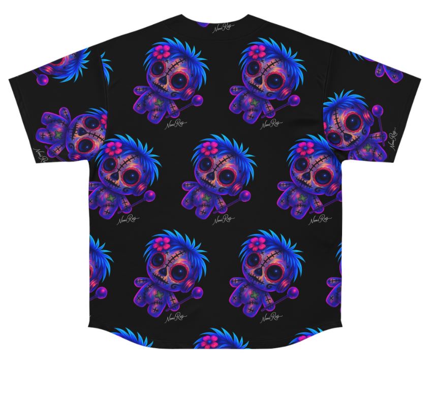 Flat lay of Voodoo Vixen jersey shirt back showing repeating neon doll pattern on black fabric