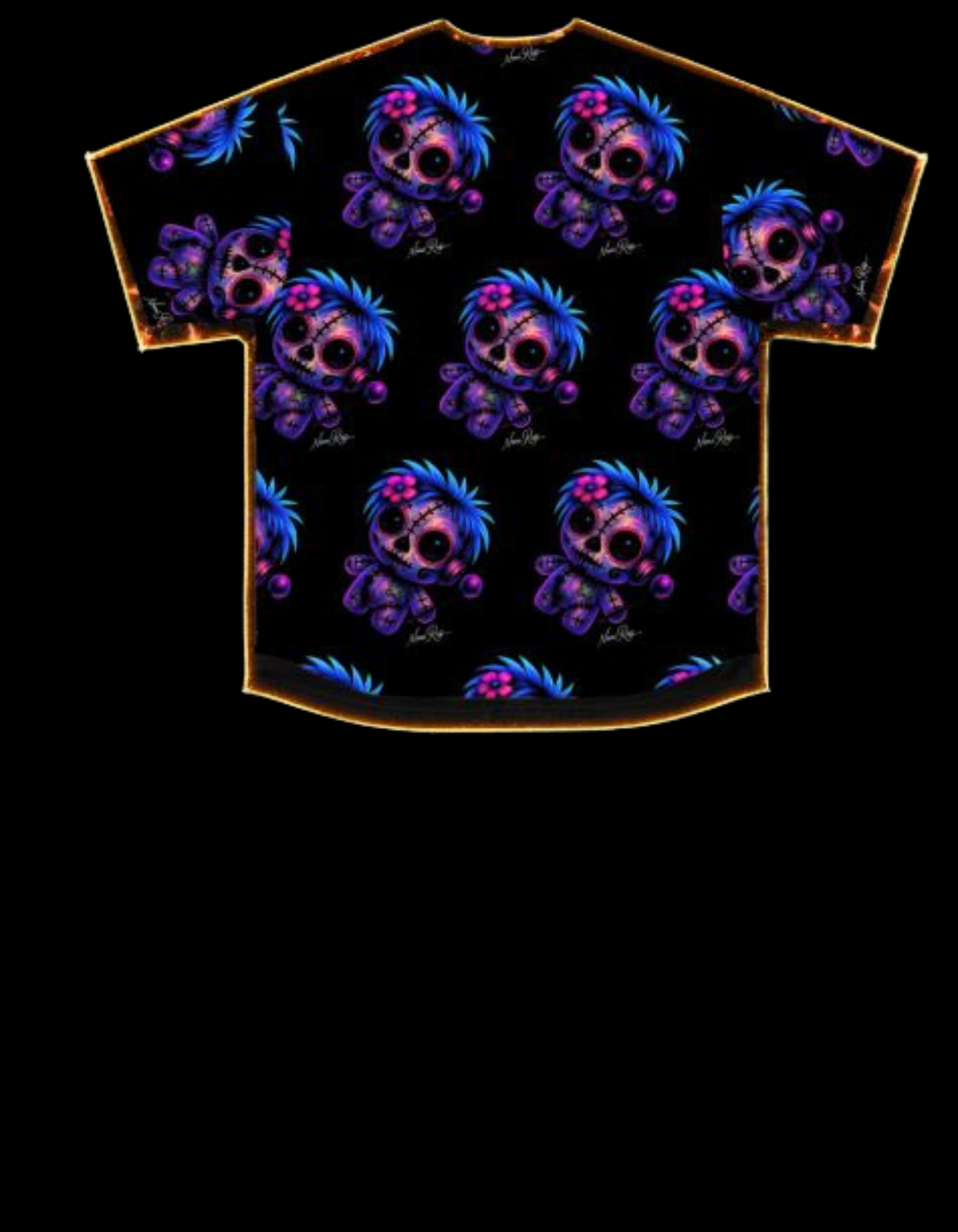 Flat lay of Voodoo Vixen jersey shirt back with enhanced neon glow effect across patterned design