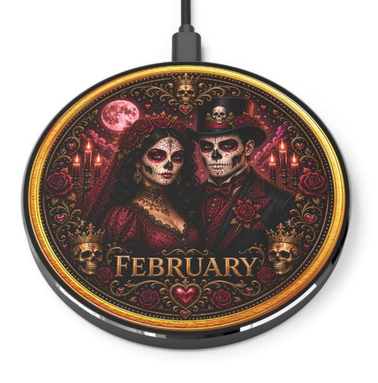 February Eternal Royals wireless charger with red and gold Day of the Dead skull couple and candlelit gothic design