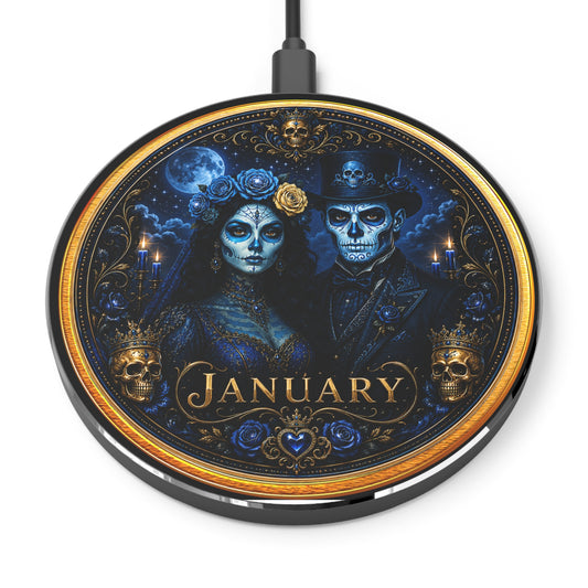 January Eternal Royals wireless charger with blue and gold Day of the Dead skull couple and ornate gold frame design