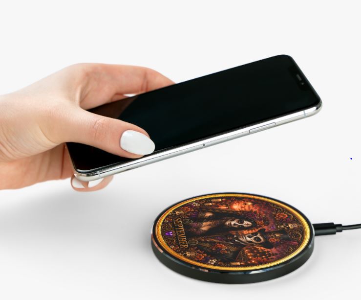 Eternal Royals September Wireless Charger | Gothic Skeleton Couple Qi Charging Pad | Dark Fantasy Desk Decor | Celestial Phone Charger