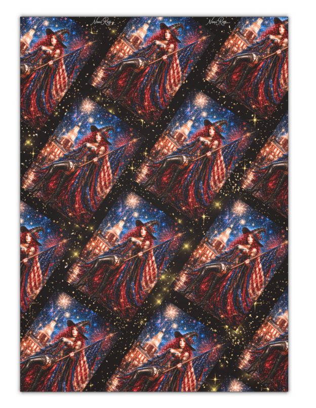 Luxury patriotic wrapping paper featuring fireworks, celestial sky, and artistic Noni Ross design on satin finish paper