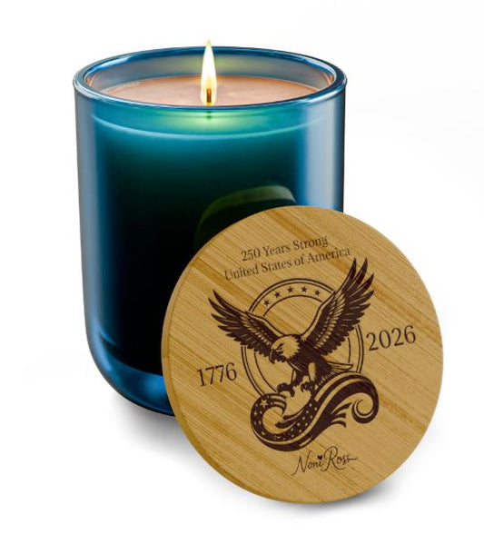 deep pacific blue soy candle with engraved eagle bamboo lid 250 years strong united states of america 1776 2026 design