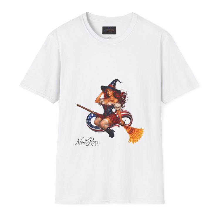 white unisex shirt with patriotic witch riding broom red white blue stars design