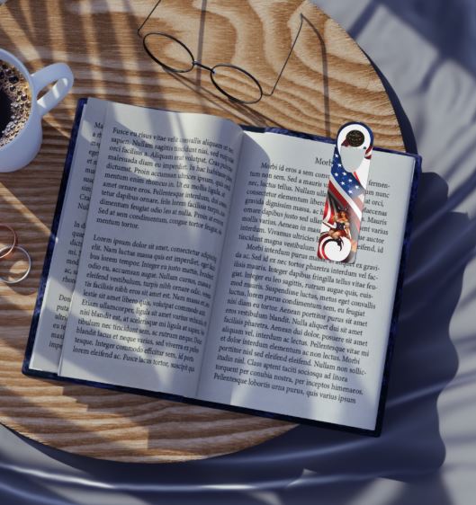 patriotic Noni bookmark placed inside book showing red white and blue design
