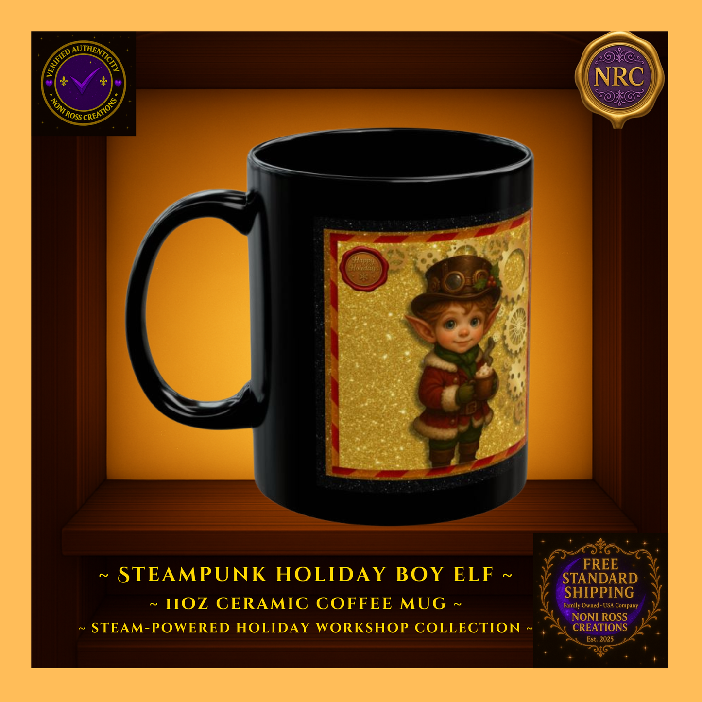 Steam-Powered Boy Elf 11oz ceramic coffee mug in NRC cubby frame, left side view showing curved mug profile and partial boy elf design.